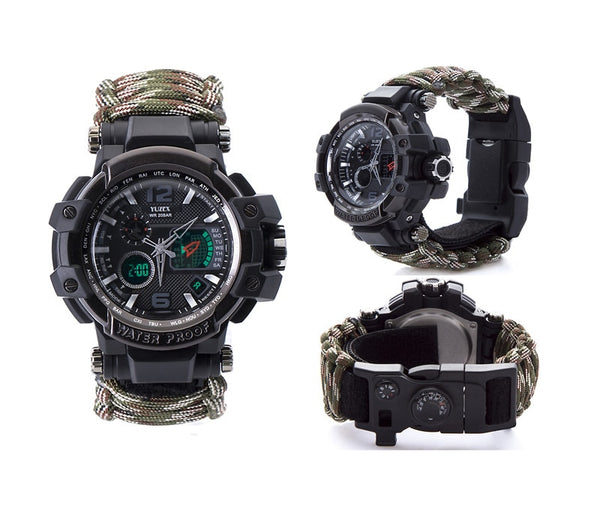 A full view of all sides of a camo survival watch