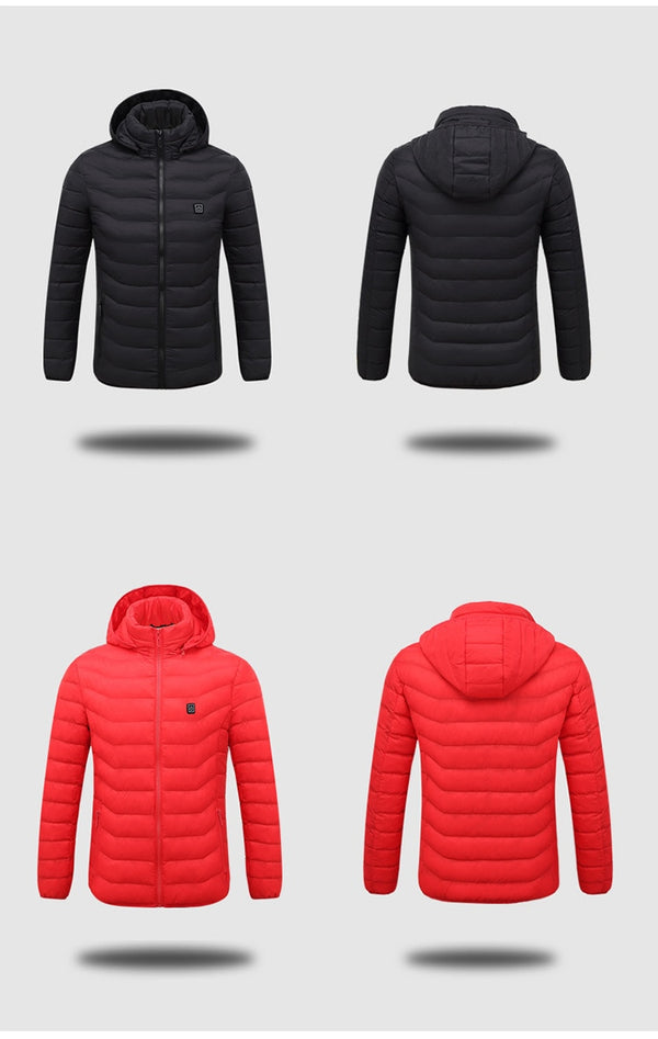 A picture of the front and back of a red and black heated jacket