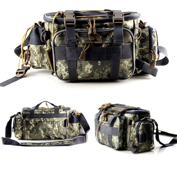 Multiple views of a camo fishing tackle bag