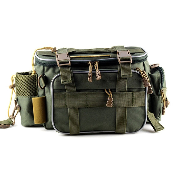 A green fishing tackle bag