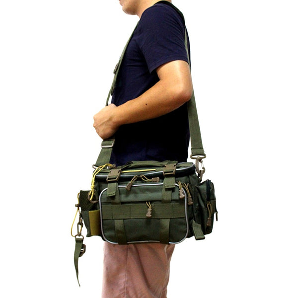 A man with a fishing tackle bag hanging from his side 