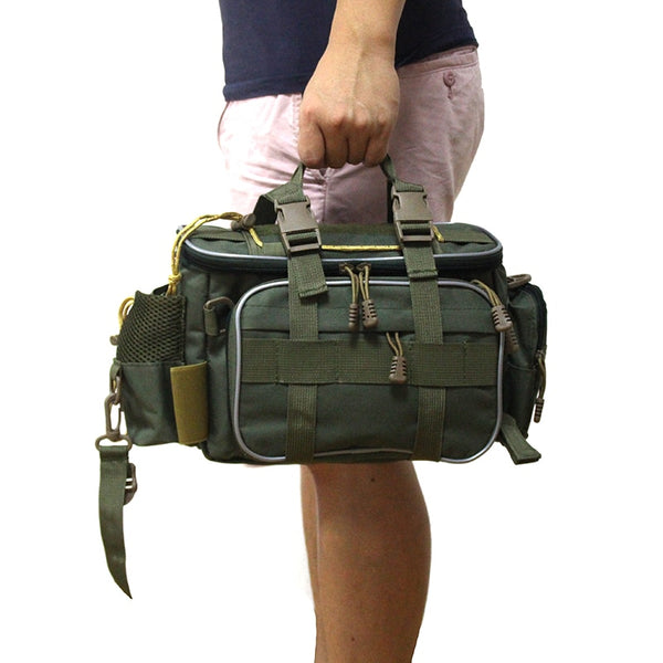 A man holding a green fishing tackle bag