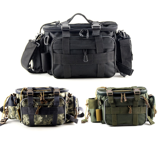 A black, camo and green fishing tackle baggs