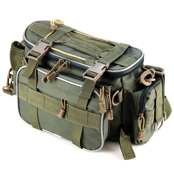 A green fishing tackle bag