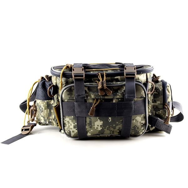 A camo fishing tackle bag