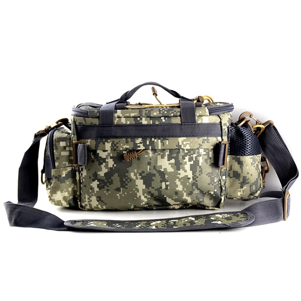 A camo fishing tackle bag with a carrying strap in front