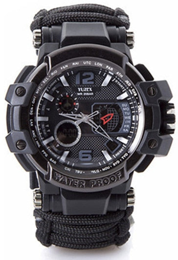 A front view of a black survival watch 