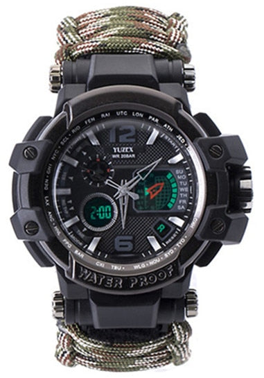 A front view of a camo survival watch 