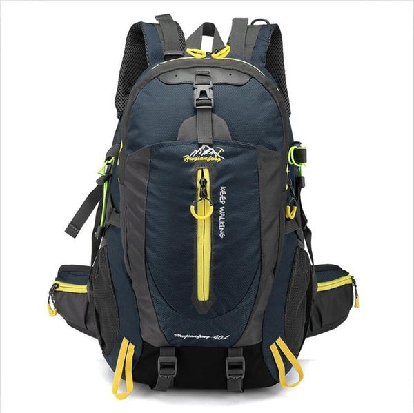 A navy hiking back with yellow accents