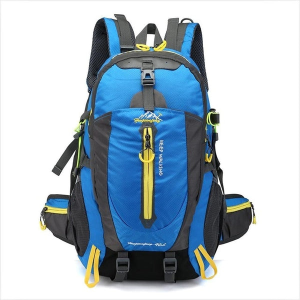 A blue and yellow hiking backpack 