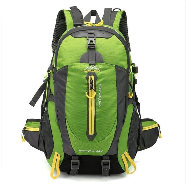 A bright green hiking backpack with yellow highlights