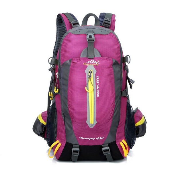 A pink and yellow hiking backpack