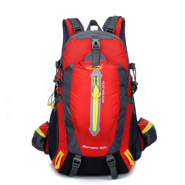 A red and yellow hiking backpack