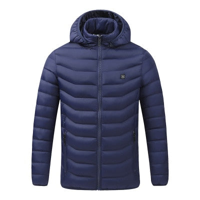 The front of a navy heated jacket