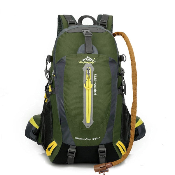 A green hiking backpack with yellow highlights
