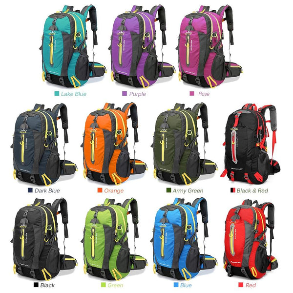 A picture with 11 different colored hiking backpacks