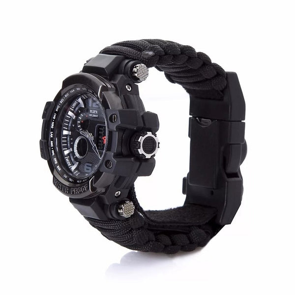 A side view of a black survival watch 