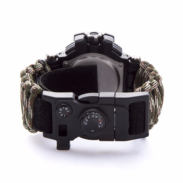 a back view of a camo survival watch 