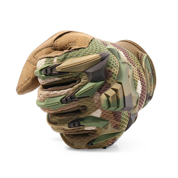 Camo gloves in a fist, showing off protective shell