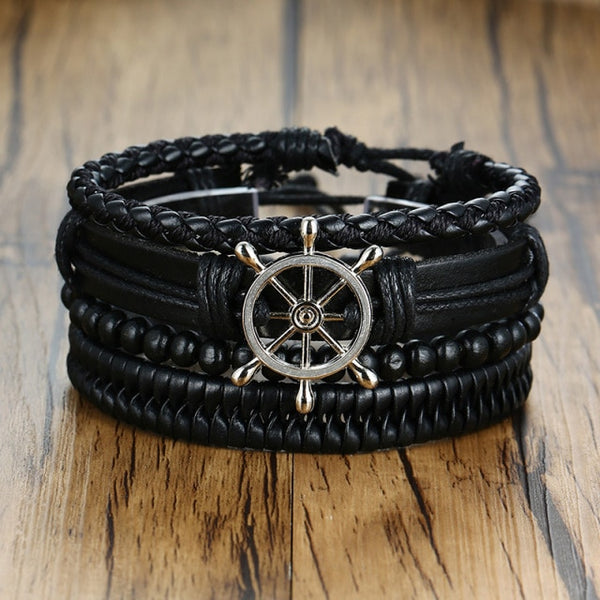 Genuine Leather Anchor Charm Bracelet For Men - Vintage Black Fashion Wristband